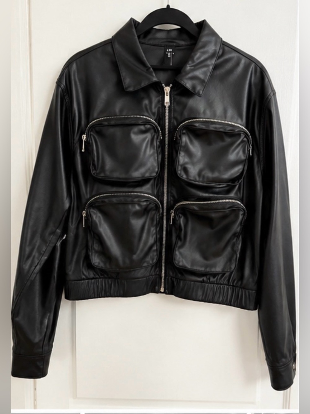 American Bazi Black Faux Leather Utility Cargo Jacket Size Small